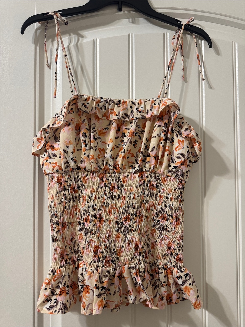 Smocked and Lined Floral Tie-Strap Camisole in Cream and Peach